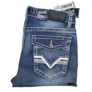NEW True Luck Slim Fit Jeans Men's Size 34x30 Embroidered Thick Stitch BKE NWT